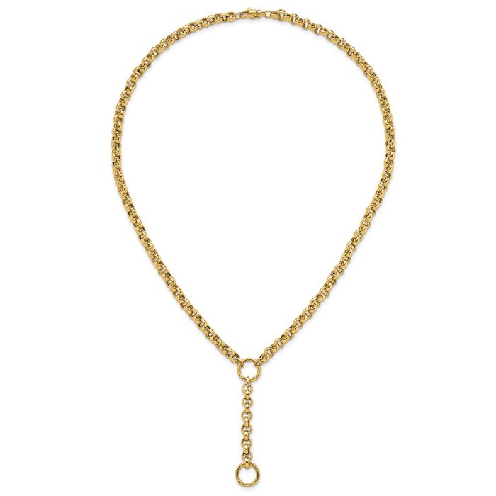 14K Solid Yellow Gold Cable Link Y Drop Lariat Chain Necklace