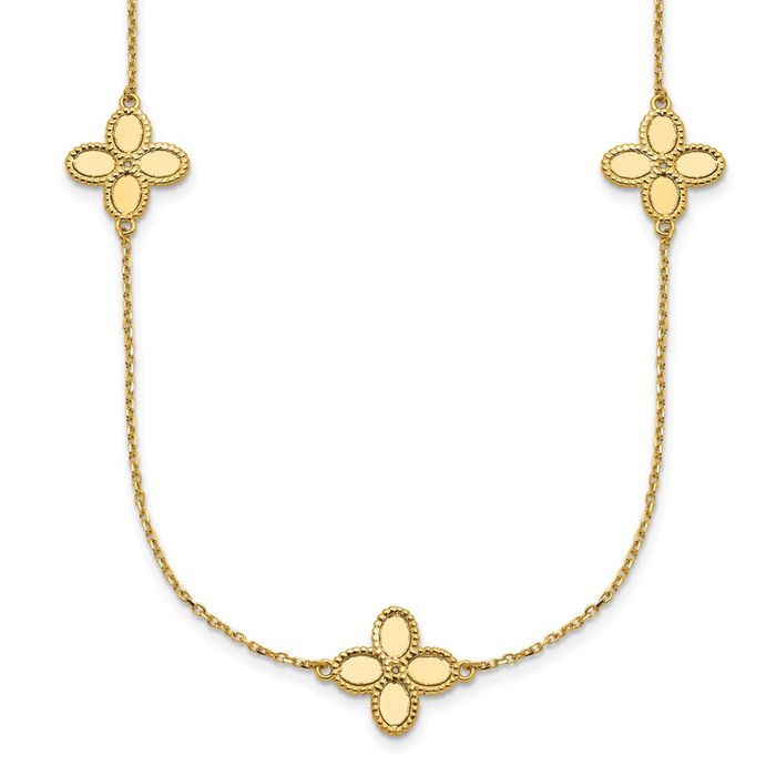 14K Solid Yellow Gold Rope Edge Flower Station Necklace Chain