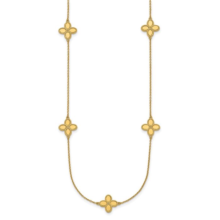 14K Solid Yellow Gold Rope Edge Flower Station Necklace Chain