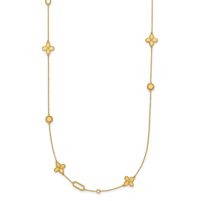 14K Solid Yellow Gold Rope Edge Flower Station Necklace Chain