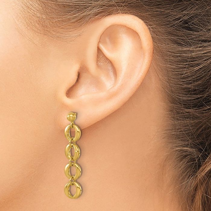 14K Solid Yellow Gold Round Chain Link Post Drop Dangle Earrings