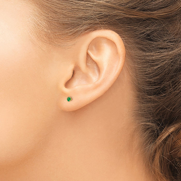 14K Solid Yellow Gold Round Green Emerald 3mm Studs Gemstone Earrings May Birthstone Jewelry