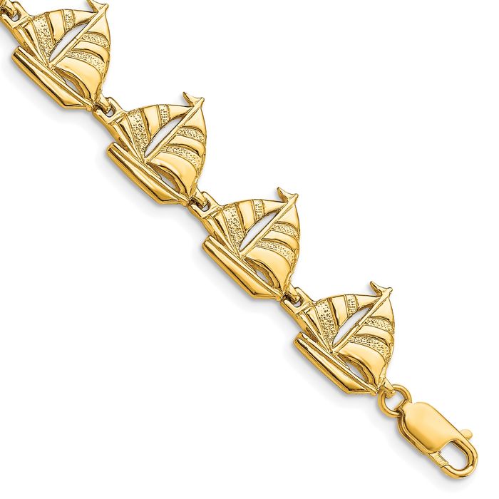 14K Solid Yellow Gold Sailboat Chain Charm Bracelet