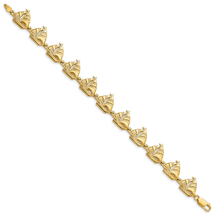 14K Solid Yellow Gold Sailboat Chain Charm Bracelet