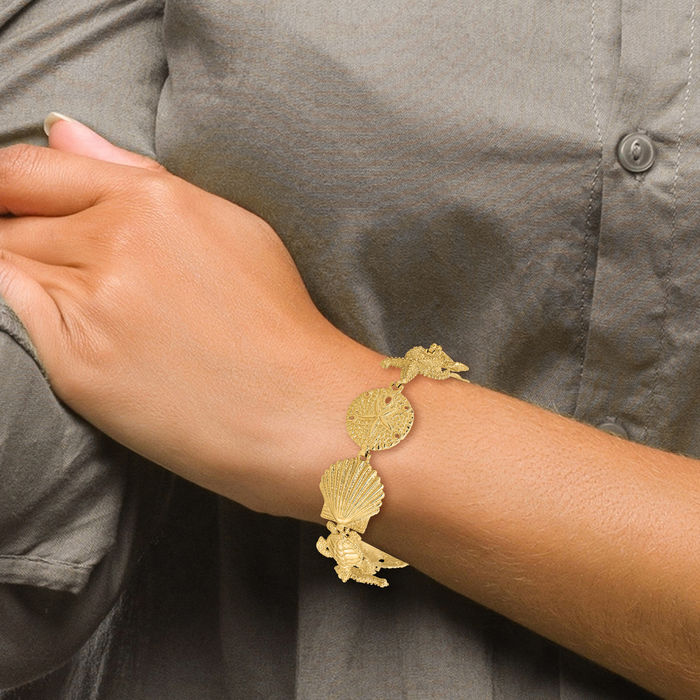 14K Solid Yellow Gold Sand Dollar Sea Star Starfish Turtle Link Chain Charm Bracelet