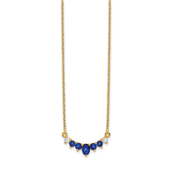 14K Solid Yellow Gold Blue Sapphire Diamond Necklace Chain Gemstone Pendant Charm