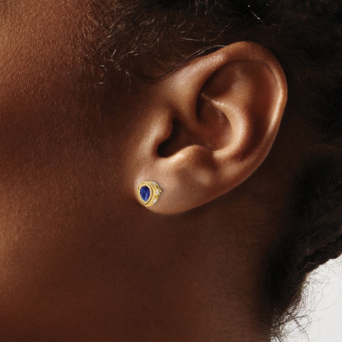 14K Solid Yellow Gold Blue Sapphire Diamond Studs Pear Teardrop Gemstone Earrings September Birthstone Jewelry
