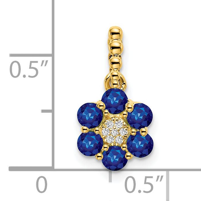 14K Solid Yellow Gold Blue Sapphire Diamond Flower Necklace Charm Gemstone Pendant