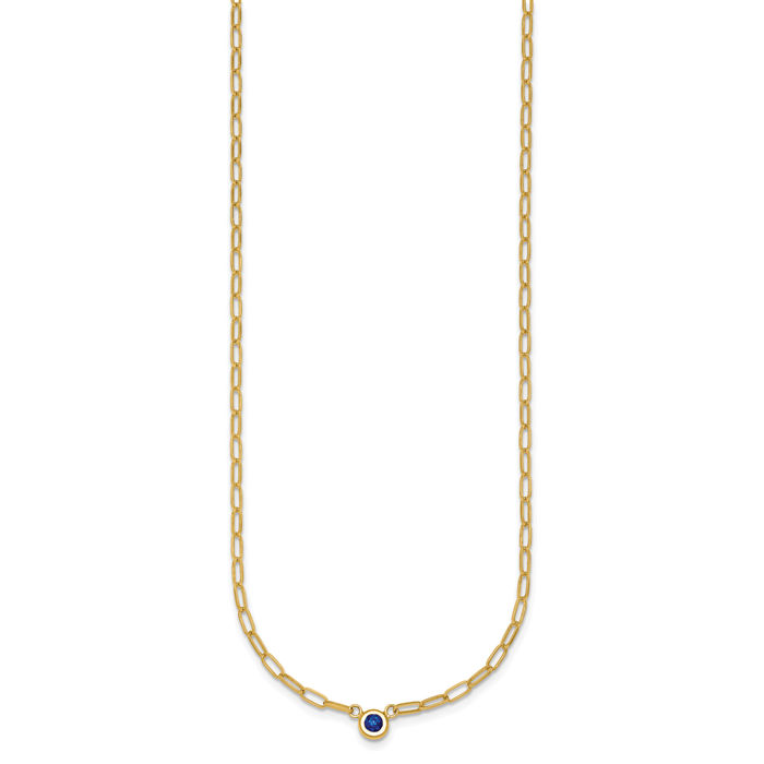 14K Solid Yellow Gold Blue Sapphire Oval Link Necklace Chain Gemstone Pendant Charm