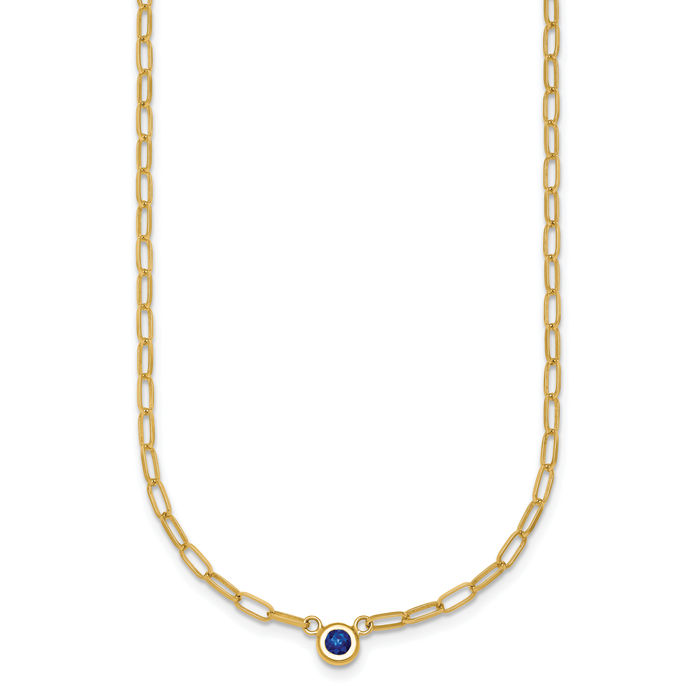 14K Solid Yellow Gold Blue Sapphire Oval Link Necklace Chain Gemstone Pendant Charm