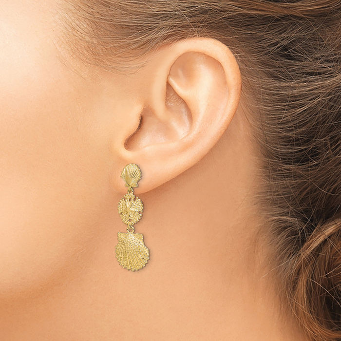 14K Solid Yellow Gold Scallop Sand Dollarscallop Drop Dangle Earrings