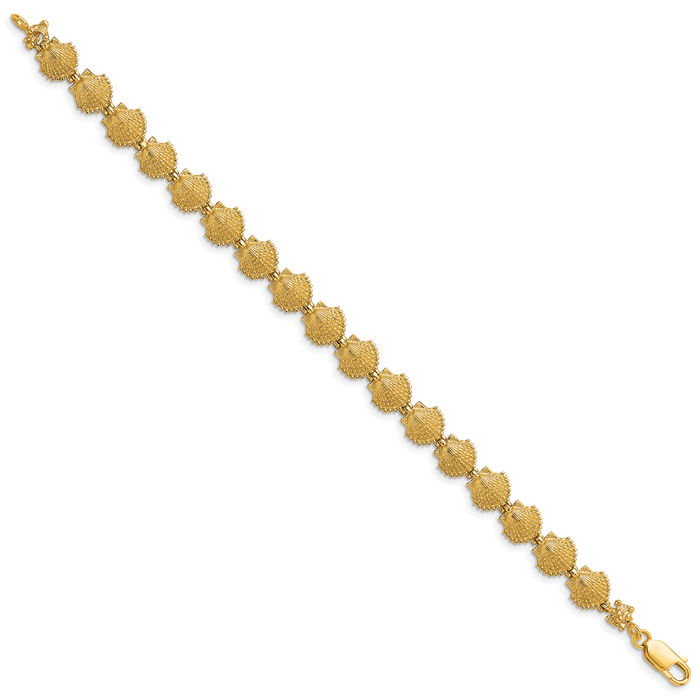 14K Solid Yellow Gold Scallop Shell Chain Charm Bracelet