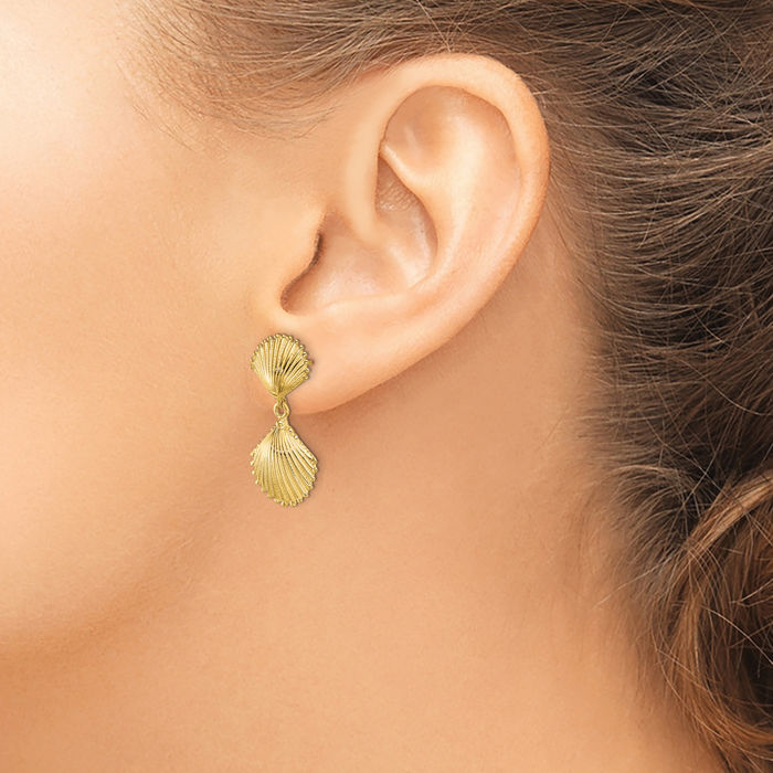 14K Solid Yellow Gold Scallop Shell Drop Dangle Earrings