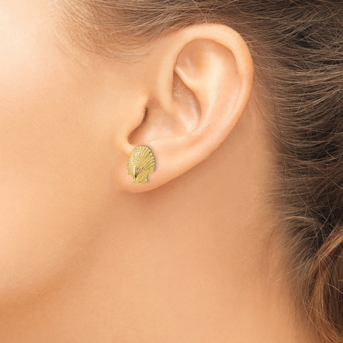 14K Solid Yellow Gold Scallop Shell Stud Earrings