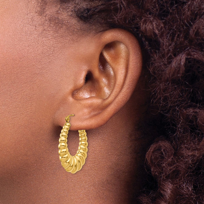 14K Solid Yellow Gold Oval Medium Hoop Earrings