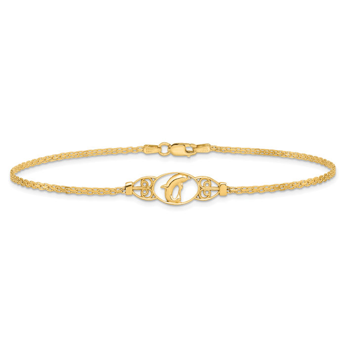 14K Solid Yellow Gold Sea Dolphin Ocean Fish Beach Nautical Anklet Summer Foot Ankle Bracelet