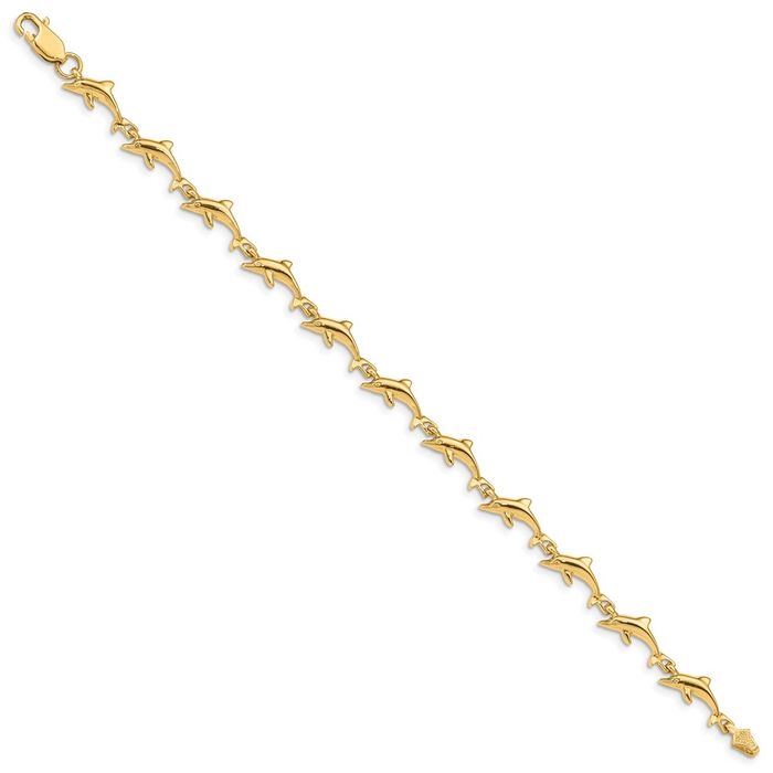 14K Solid Yellow Gold Sea Dolphin Ocean Fish Beach Nautical Chain Charm Bracelet