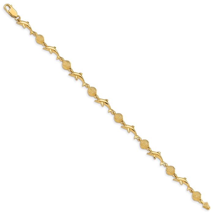 14K Solid Yellow Gold Sea Dolphin Ocean Fish Beach Nautical Shell Chain Charm Bracelet