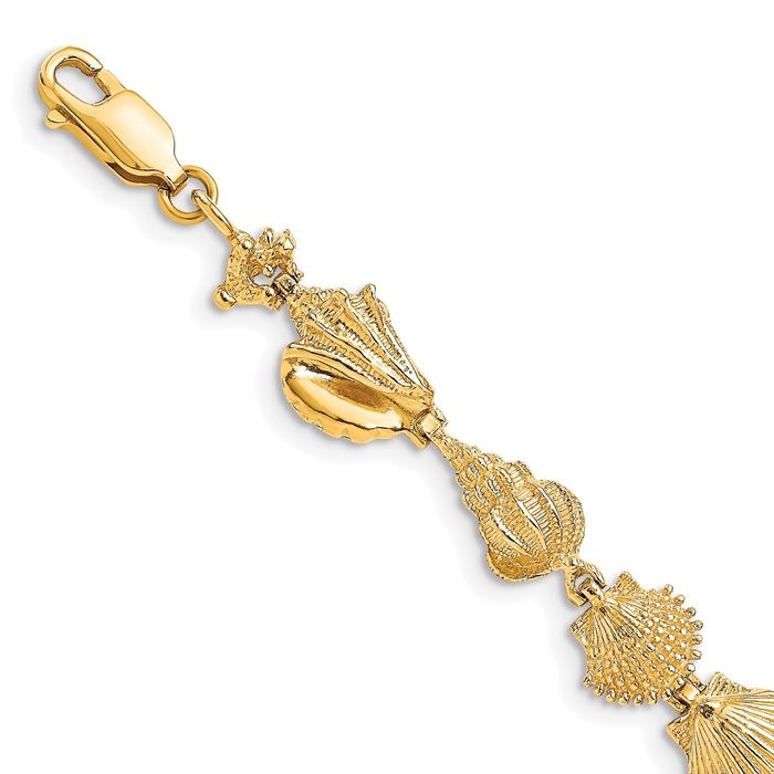 14K Solid Yellow Gold Sea Shells Chain Charm Bracelet