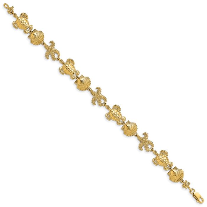 14K Solid Yellow Gold Sea Turtle Shell Starfish Chain Charm Bracelet