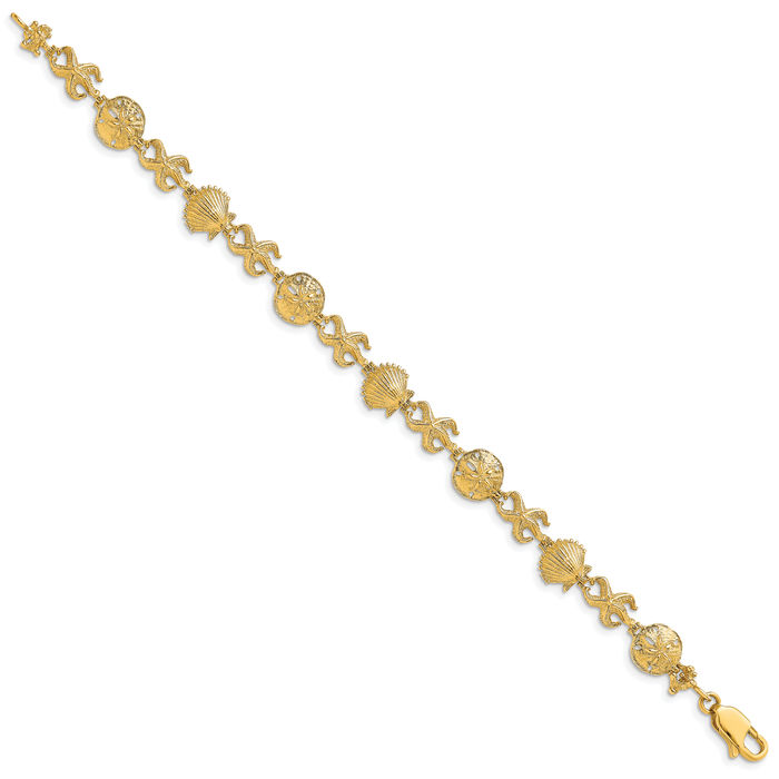 14K Solid Yellow Gold Shell Sand Dollar Sea Star Starfish Chain Charm Bracelet