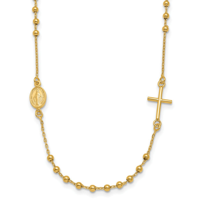 14K Yellow Gold Sideways Cross Beaded Rosary Necklace