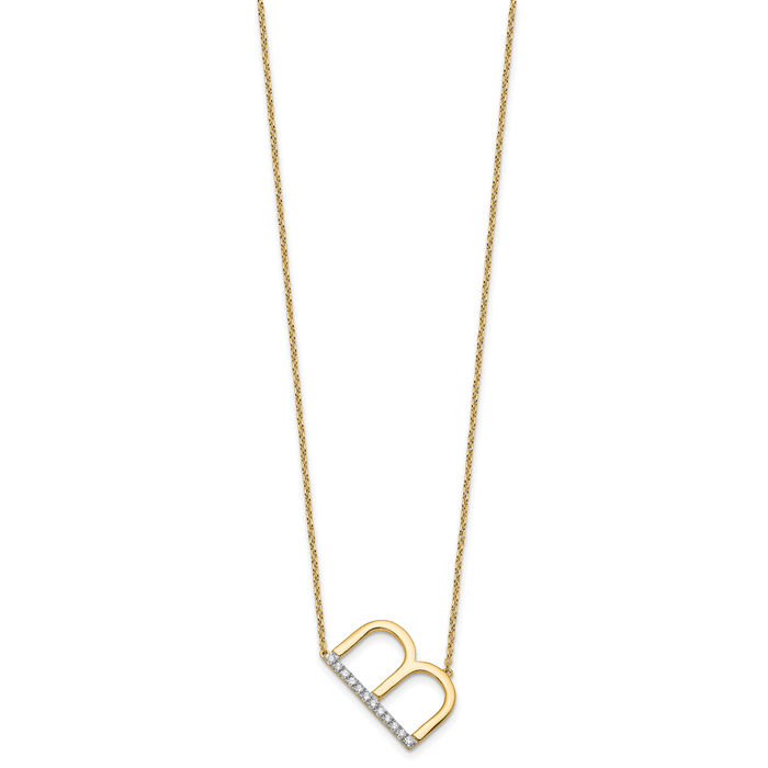 14K Solid Yellow Gold Sideways Diamond Dainty Letter B Initial Name Monogram Chain Necklace