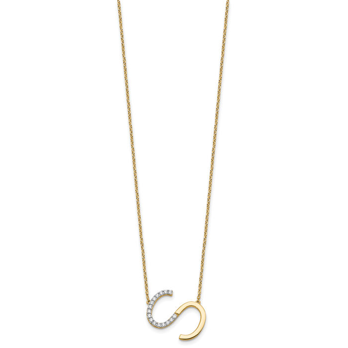 14K Solid Yellow Gold Sideways Diamond Dainty Letter S Initial Name Monogram Chain Necklace