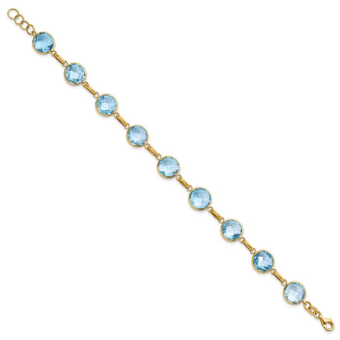 14K Solid Yellow Gold Sky Blue Topaz Circle Round Chain Gemstone Tennis Bracelet