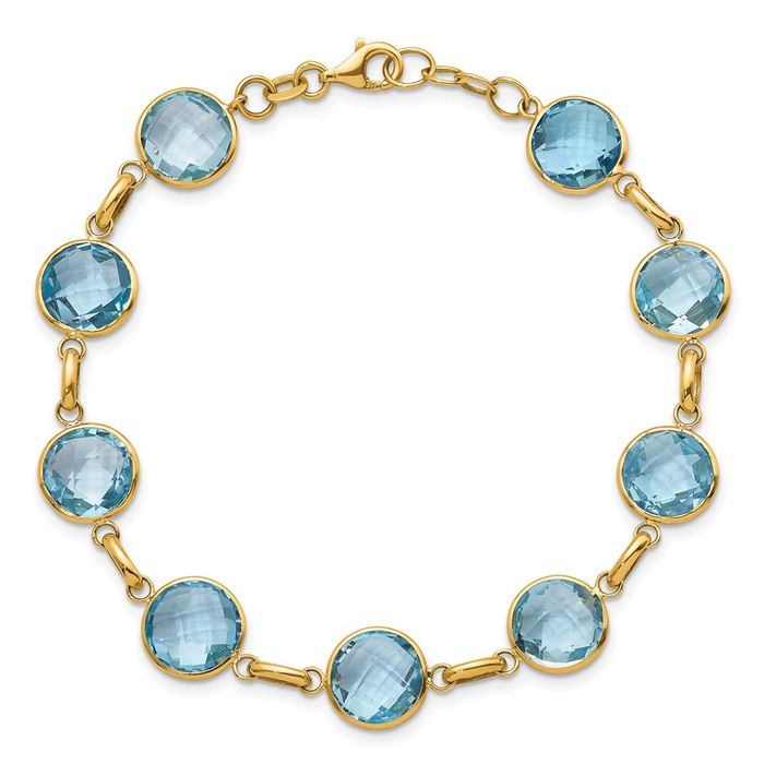 14K Solid Yellow Gold Sky Blue Topaz Circle Round Chain Gemstone Tennis Bracelet