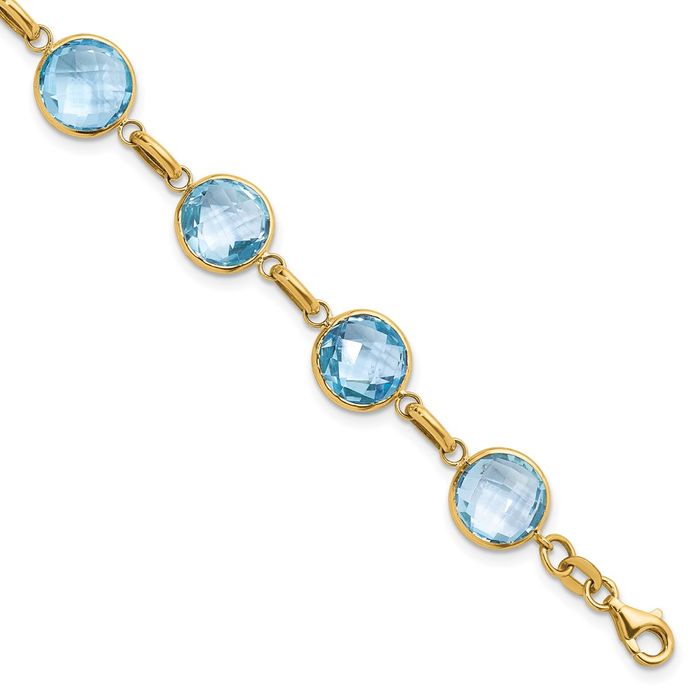 14K Solid Yellow Gold Sky Blue Topaz Circle Round Chain Gemstone Tennis Bracelet