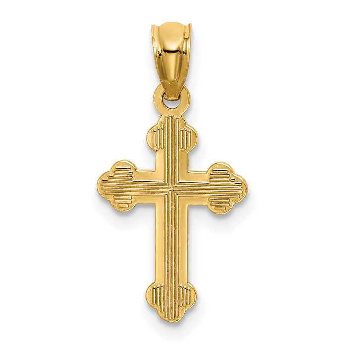 14K Solid Yellow Gold Budded Holy Cross Necklace Religious Chain Pendant Jesus Christ Christian Charm