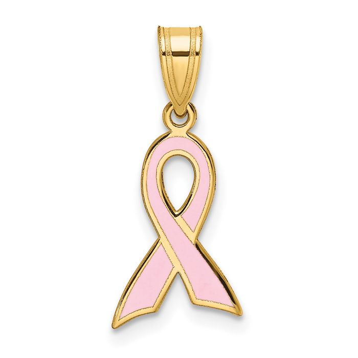 14K Solid Yellow Gold Pink Breast Cancer Awareness Ribbon Necklace - Picture 10 of 12