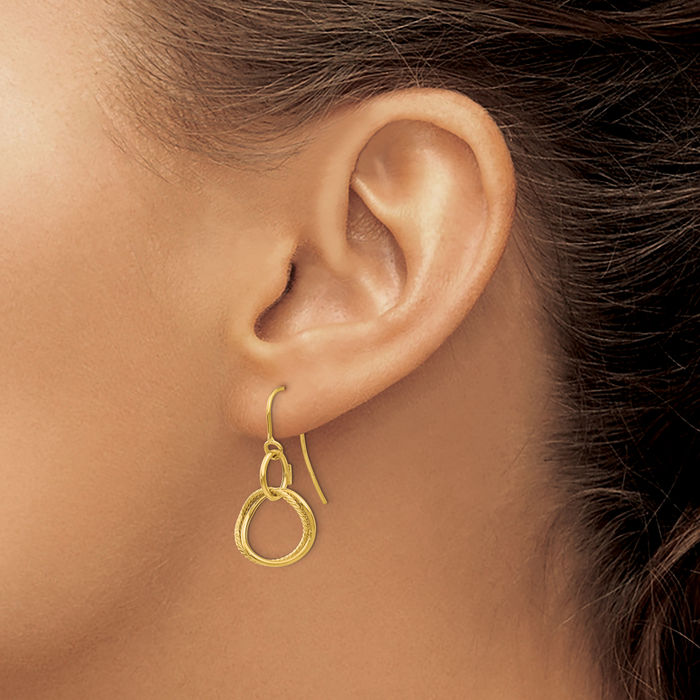 14K Solid Yellow Gold Twisted Circle Round Drop Dangle Earrings