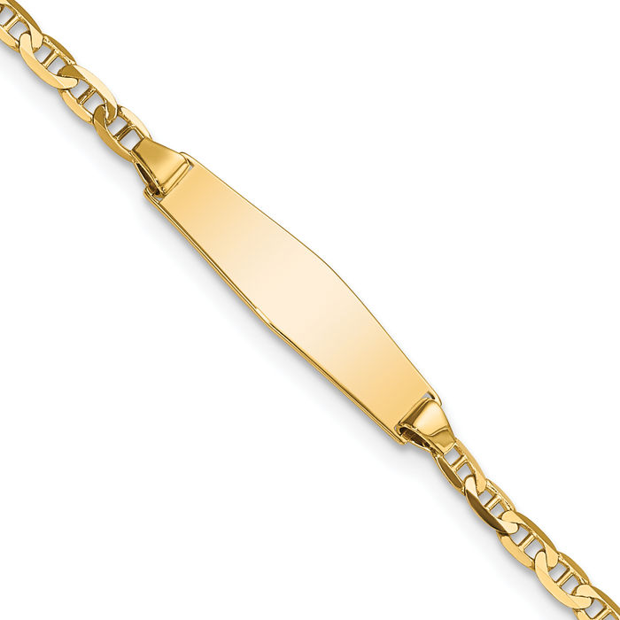 14K Solid Yellow Gold Soft Anchor Mariner Link Chain Name Bar Identification ID Bracelet