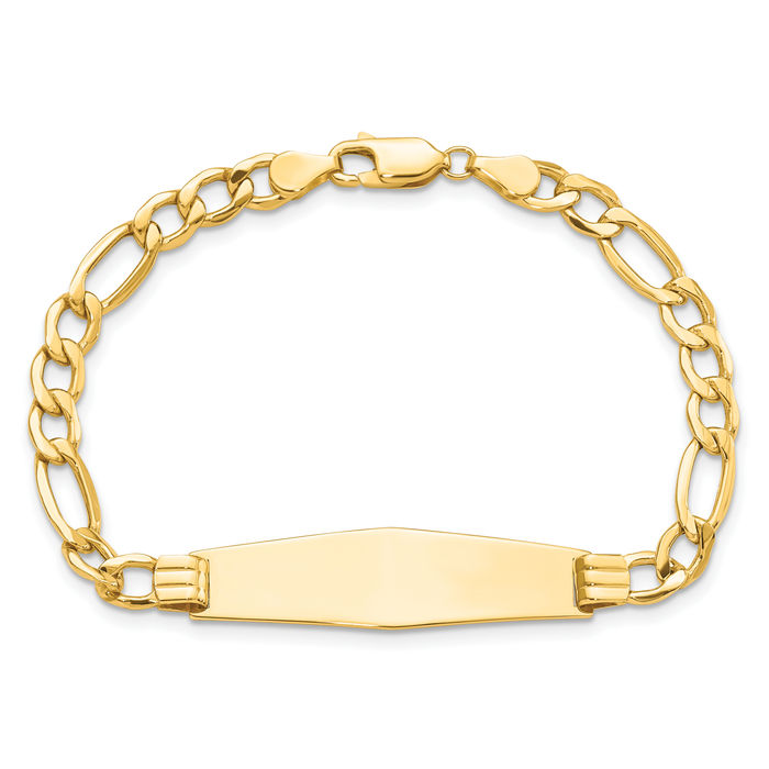 14K Solid Yellow Gold Soft Figaro Link Name Bar Identification ID Bracelet