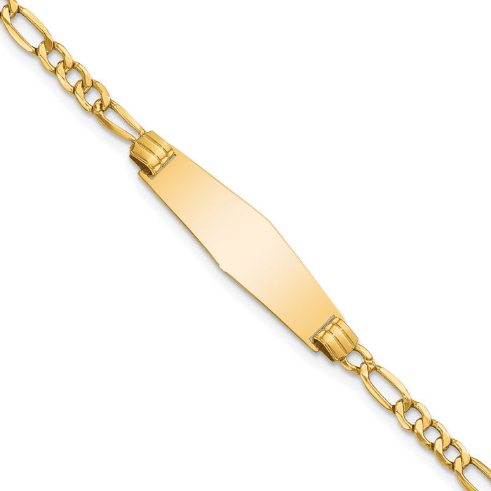 14K Solid Yellow Gold Soft Figaro Link Name Bar Identification ID Bracelet