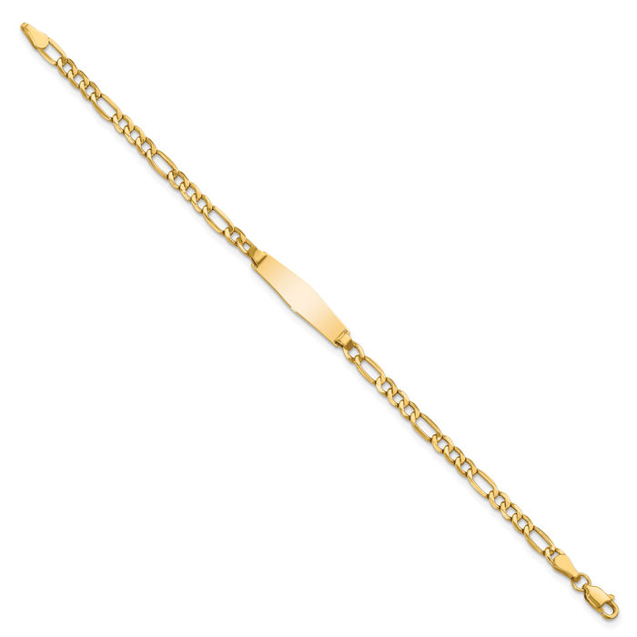 14K Solid Yellow Gold Soft Figaro Link Name Bar Identification ID Bracelet