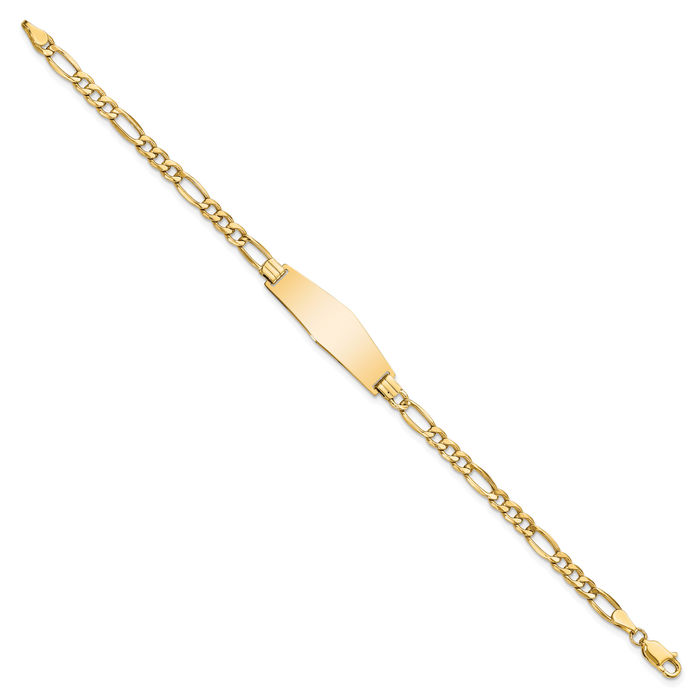 14K Solid Yellow Gold Soft Figaro Link Name Bar Identification ID Bracelet