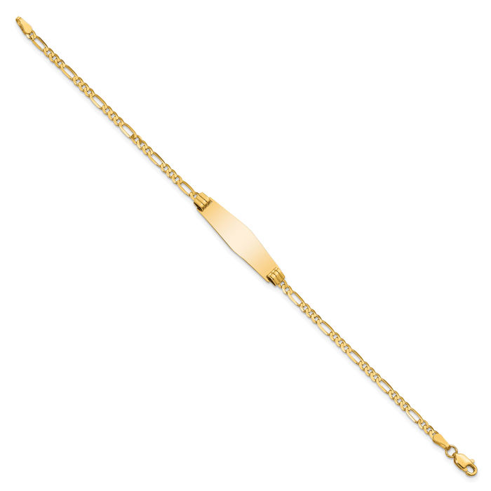 14K Solid Yellow Gold Soft Figaro Link Name Bar Identification ID Bracelet