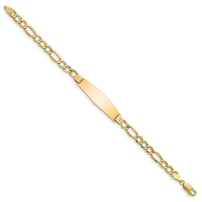 14K Solid Yellow Gold Soft Figaro Link Name Bar Identification ID Bracelet