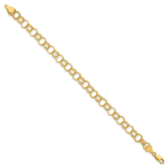 14K Solid Yellow Gold Triple Link Chain Charm Bracelet