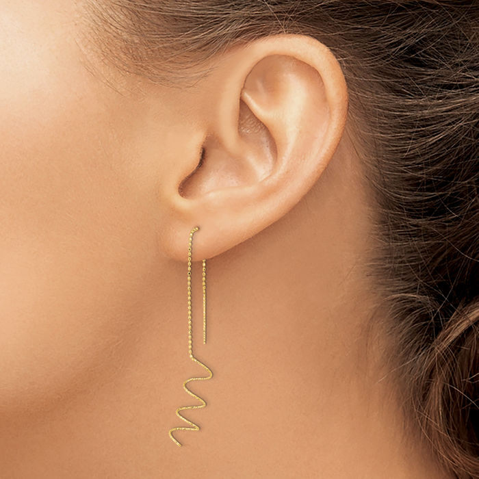 14K Solid Yellow Gold Spiral Threader Drop Dangle Earrings