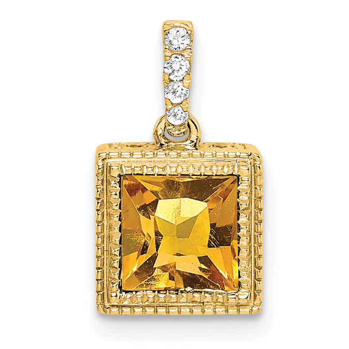 14K Solid Yellow Gold Square Citrine Diamond Necklace - Picture 11 of 12