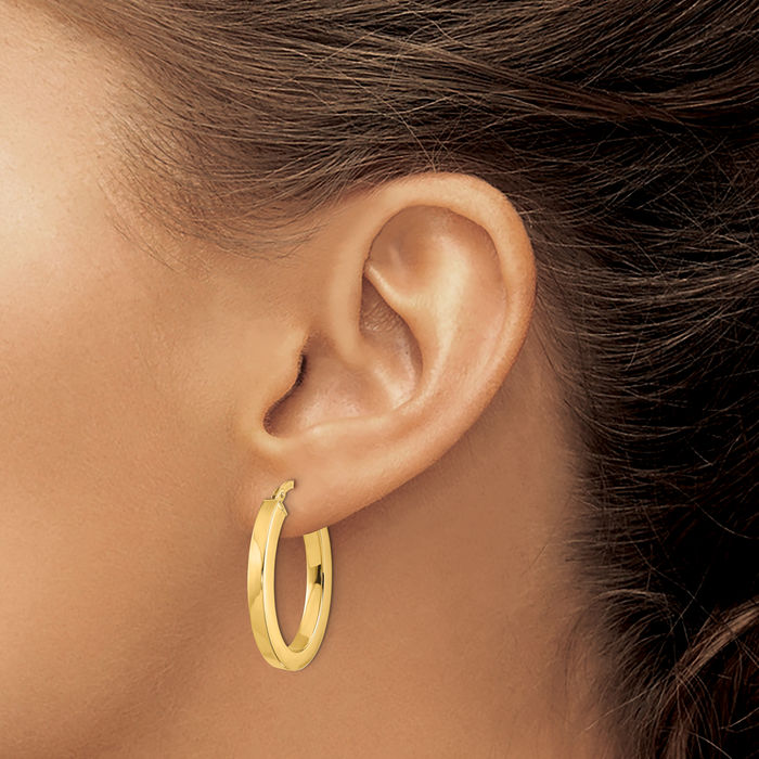 14K Solid Yellow Gold Square Tube Oval Medium Hoop Earrings