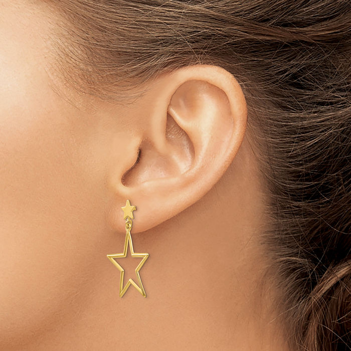 14K Solid Yellow Gold Star Drop Dangle Earrings