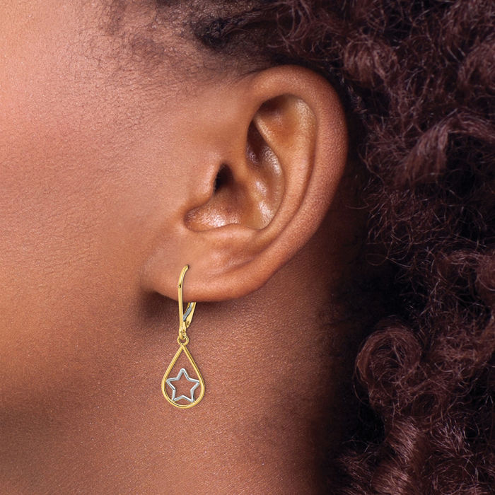 14K Solid Yellow Gold Star Teardrop Drop Dangle Earrings