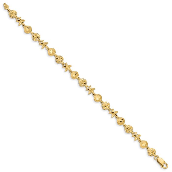 14K Solid Yellow Gold Starfish Sand Dollar Sea Star Shell Chain Charm Bracelet