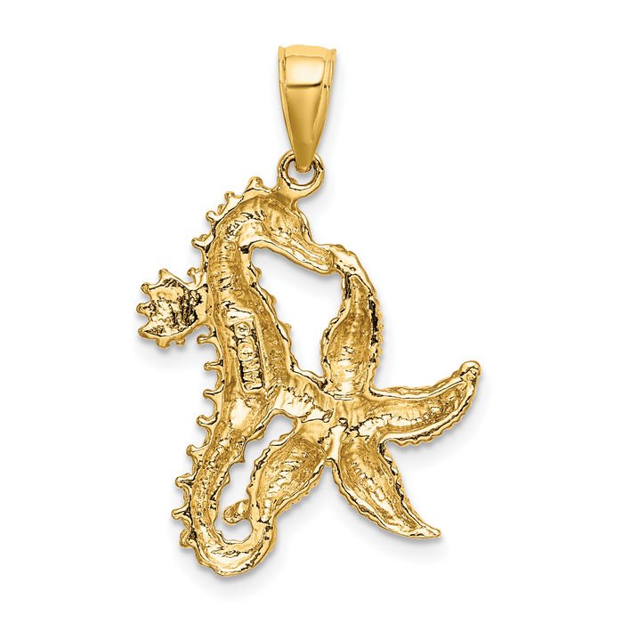 14K Solid Yellow Gold Starfish Seahorse Necklace Chain Pendant Charm