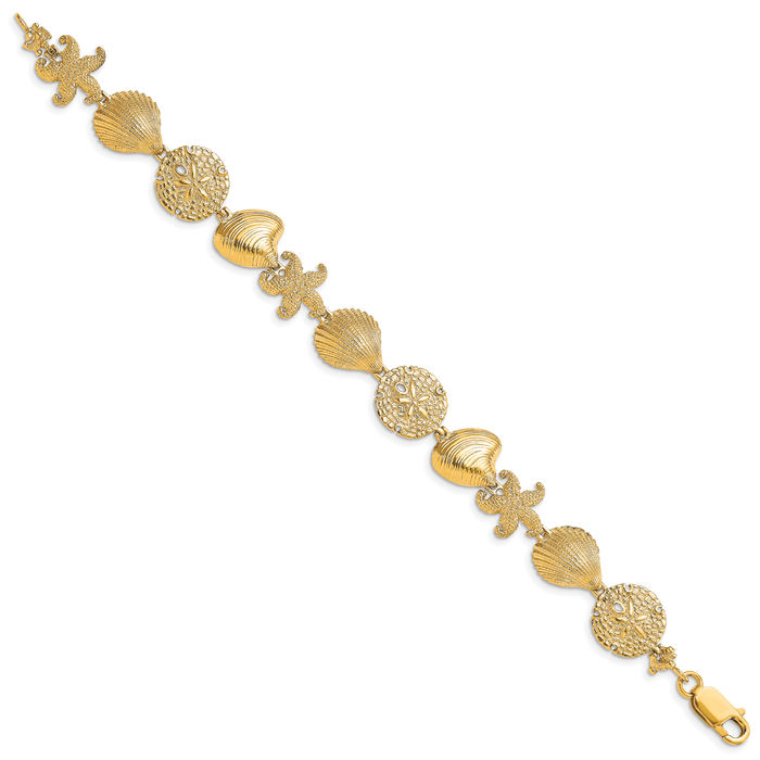 14K Solid Yellow Gold Starfish Shell Clam Link Chain Charm Bracelet
